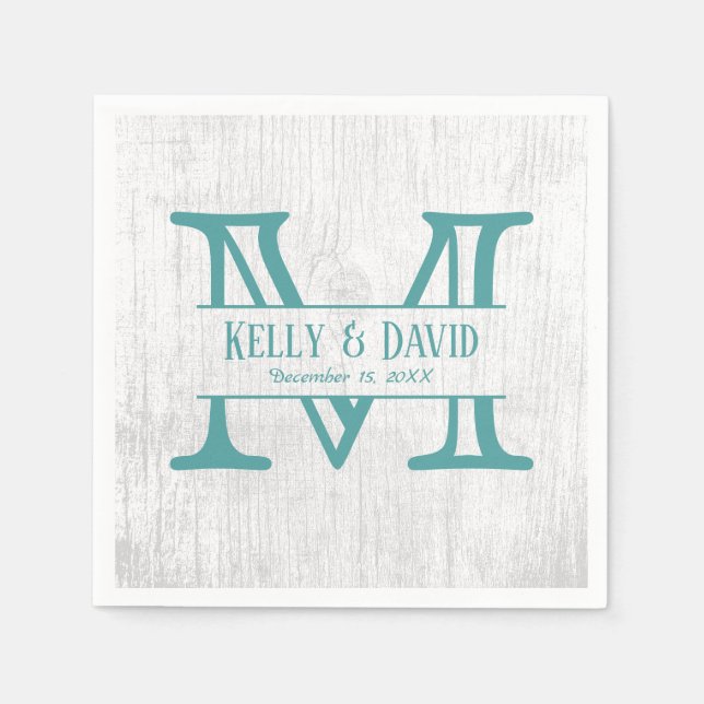 Monogram Teal Rustic Barn Wood Elegant bröllop Pappersservett (Framsidan)