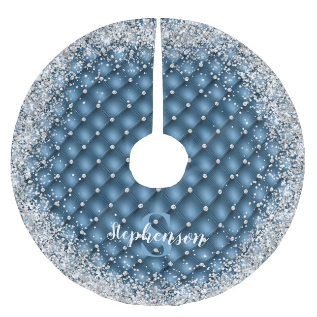 Monogram Teal Tuftad Diamond Silver Glitter Julgransmatta Borstad Polyester (Framsidan)