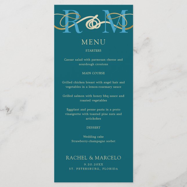 Monogram Teal Turcos Elegant bröllop Menu Meny (Framsida)