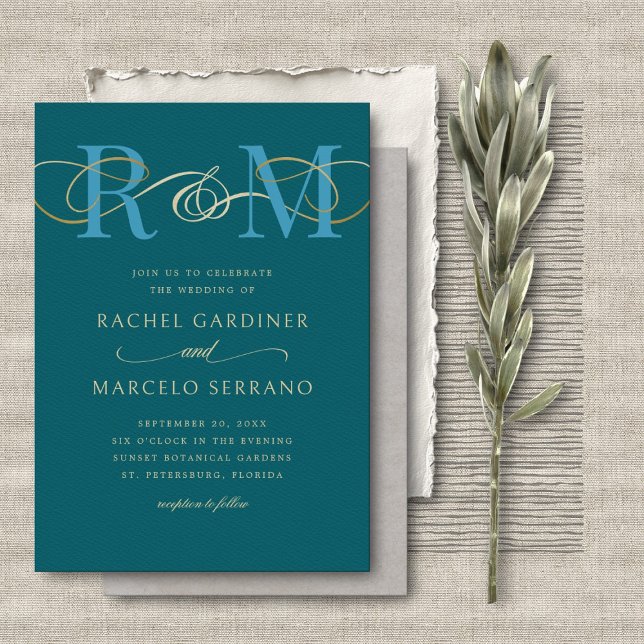 Monogram Teal Turcos QR-kod Bröllop Inbjudningar (Skapare uppladdad)
