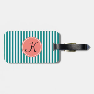 Monogram Teal, White and Coral Rosa Rand Bagagebricka