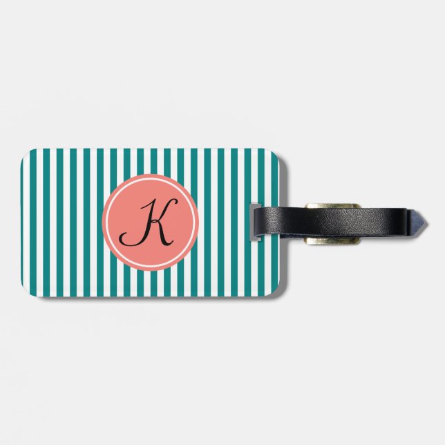 Monogram Teal, White and Coral Rosa Rand Bagagebricka (Baksida Vågrät)