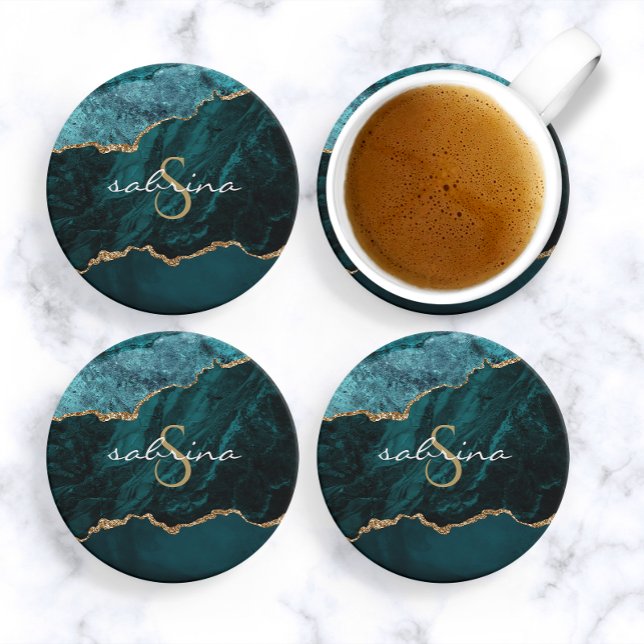 Monogram Tealblå Guld Agat Geod Underlägg (Skapare uppladdad)