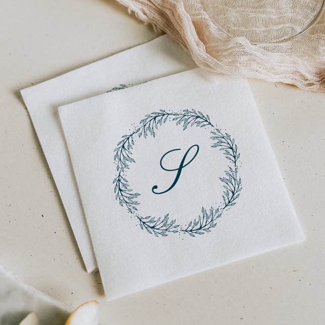 Monogram Tealblå Krans Klassisk Bröllopsskrift Pappersservett (Skapare uppladdad)