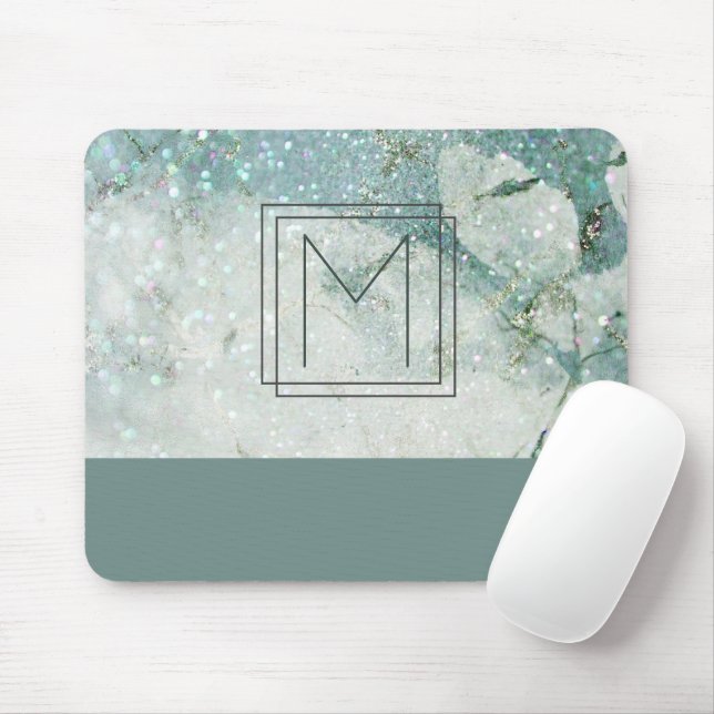 Monogram Tealgrön Marmor Glitter Monogram Musmatta (Med mus)