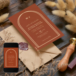 Monogram Terracotta Brown Earthy Arch Bröllop Inbjudningar