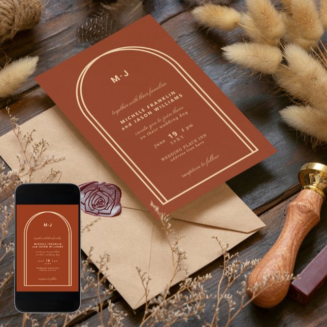 Monogram Terracotta Brown Earthy Arch Bröllop Inbjudningar (Skapare uppladdad)