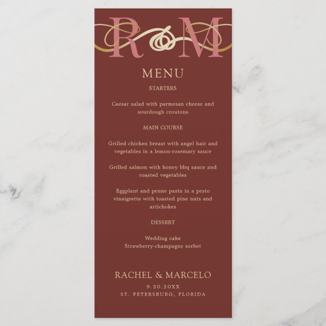 Monogram Terracotta Elegant bröllop Menu Meny (Framsida)