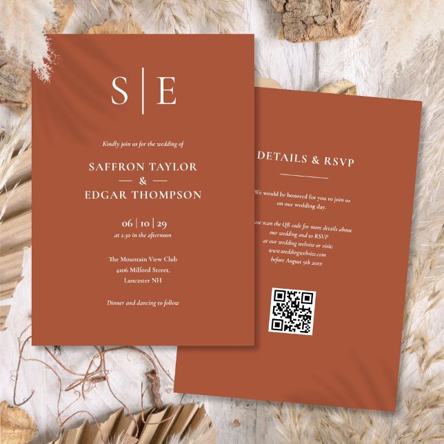 Monogram Terrakotta QR-kod Bröllop Inbjudningar (Monogram Terracotta QR Code Wedding Invitation)