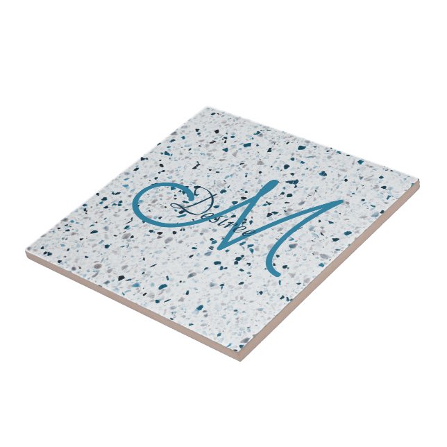 Monogram Terrazzo Teal Blue Grönt White Grått Retr Kakelplatta (Sidan)