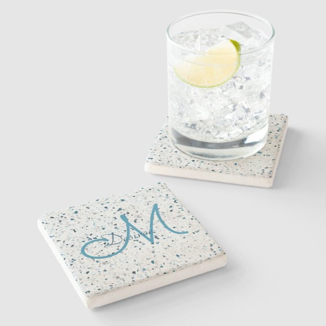 Monogram Terrazzo Teal Blue Grönt White Grått Retr Stenunderlägg (Sidan)