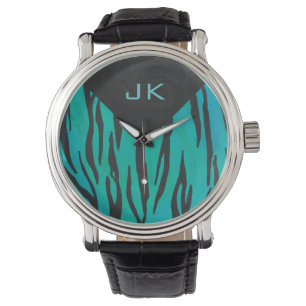 Monogram Tiger Black and Teal Print Mönster Armbandsur
