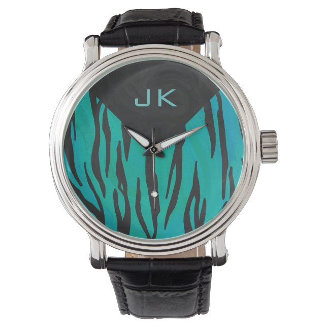 Monogram Tiger Black and Teal Print Mönster Armbandsur (Framsida)