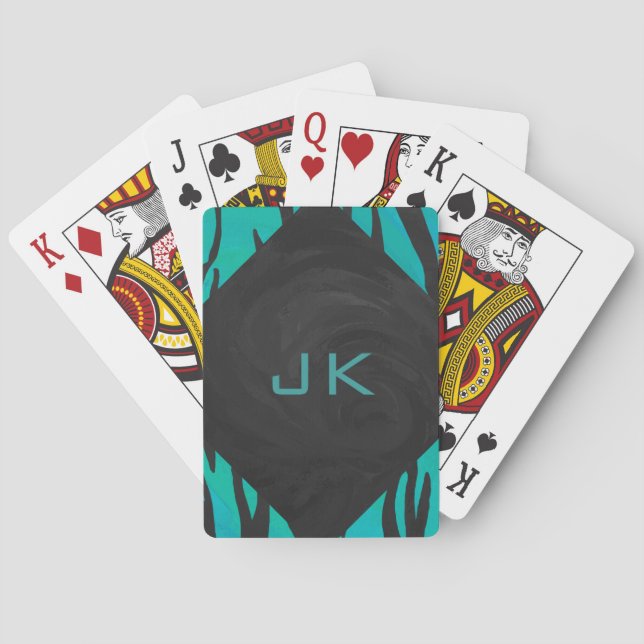 Monogram Tiger Black and Teal Print Mönster Kortlek (Baksidan)