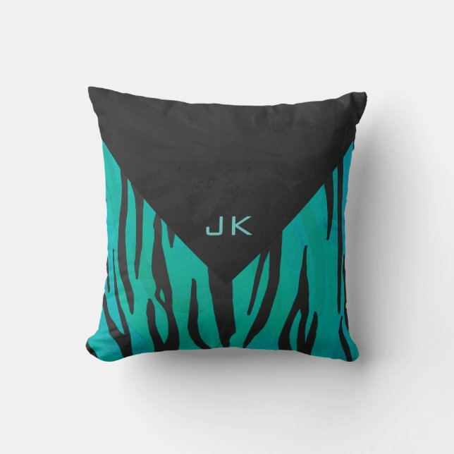 Monogram Tiger Black and Teal Print Mönster Kudde (Framsida)