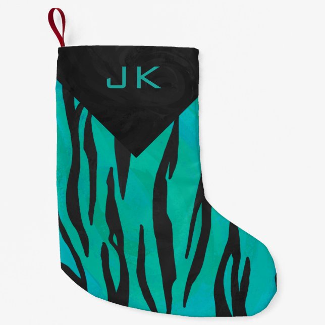 Monogram Tiger Black and Teal Print Mönster Liten Julstrumpa (Framsidan)