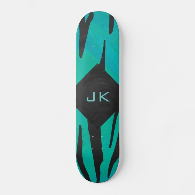 Monogram Tiger Black and Teal Print Mönster Mini Skateboard Bräda 18,5 Cm (Framsida)