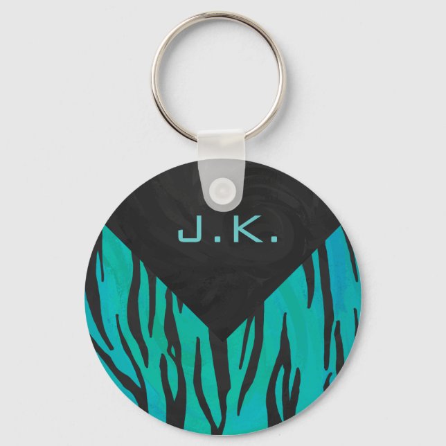 Monogram Tiger Black and Teal Print Mönster Nyckelring (Framsida)