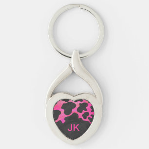 Monogram Tiger Shock rosa och svart Mönster Twisted Heart Silverfärgad Nyckelring