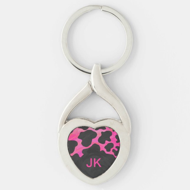 Monogram Tiger Shock rosa och svart Mönster Twisted Heart Silverfärgad Nyckelring (Framsidan)