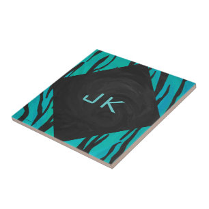 Monogram Tiger Svart och Teal Tryckmönster Kakelplatta
