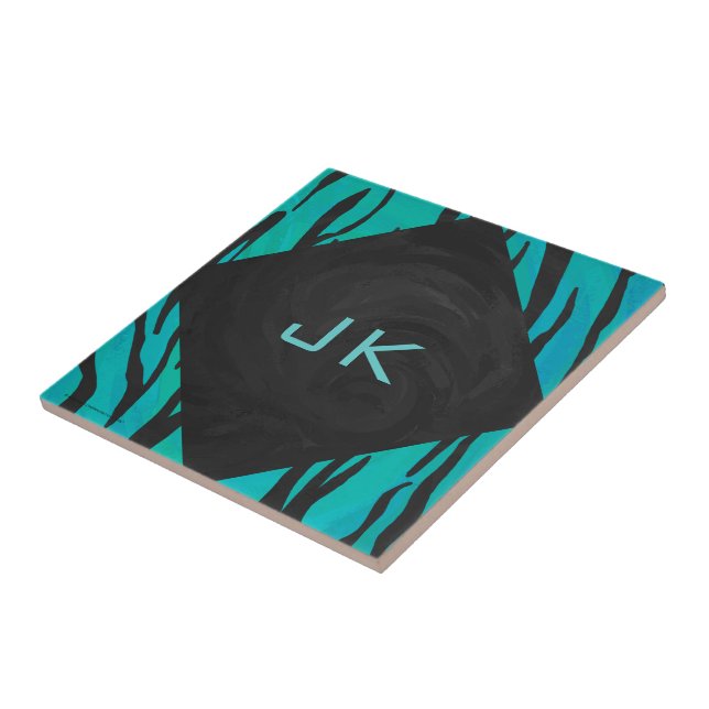 Monogram Tiger Svart och Teal Tryckmönster Kakelplatta (Sidan)