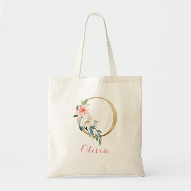 Monogram Tote Bag, Brev ’O’ Blommigt Guld  Tygkasse (Framsidan)