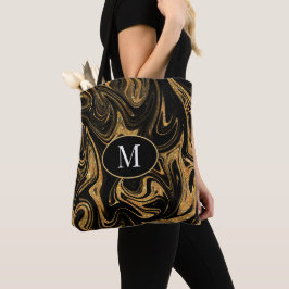 Monogram Tote Bag Guld Glitter mot svart bakgrund Tygkasse