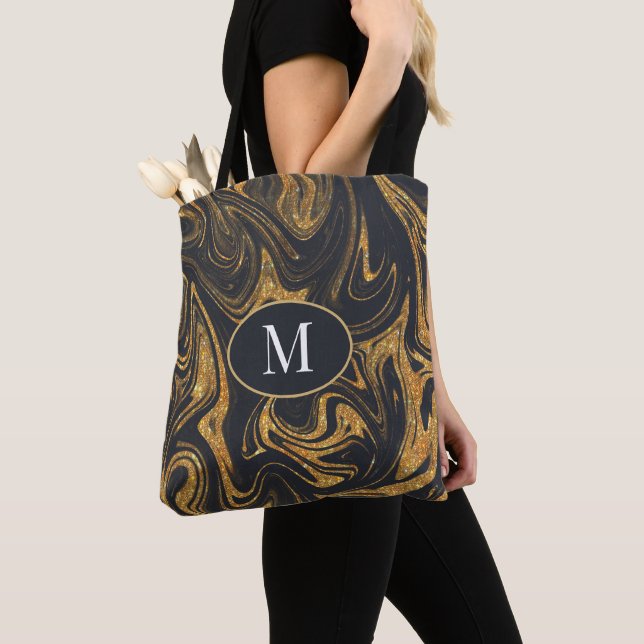 Monogram Tote Bag Guld Glitter på Grått-bakgrunden Tygkasse (Närbild)