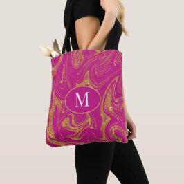Monogram Tote Bag Guld Glitter Violet Background Tygkasse