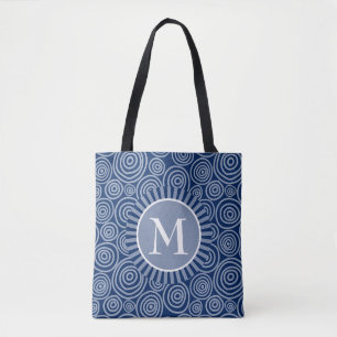 Monogram Tote Bag Navy Blue White Spiral Tygkasse