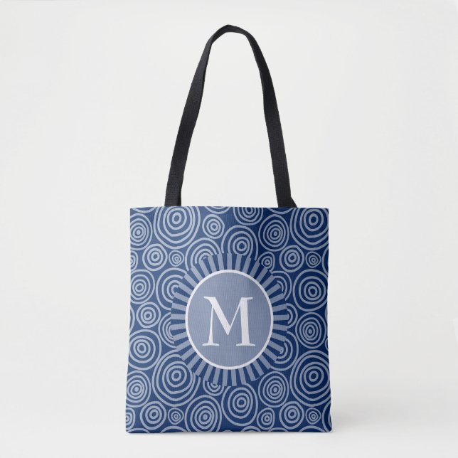 Monogram Tote Bag Navy Blue White Spiral Tygkasse (Framsida)