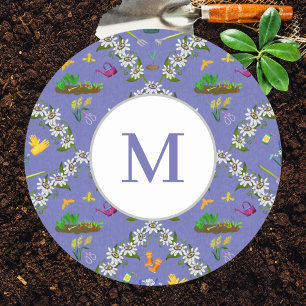 Monogram Trädgård Damask Lila Mönster Runt Klistermärke