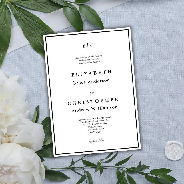 Monogram - traditionell, minimalistisk Bröllop Inbjudningar (Elegant Monogram Black White Traditional Wedding Invitation)