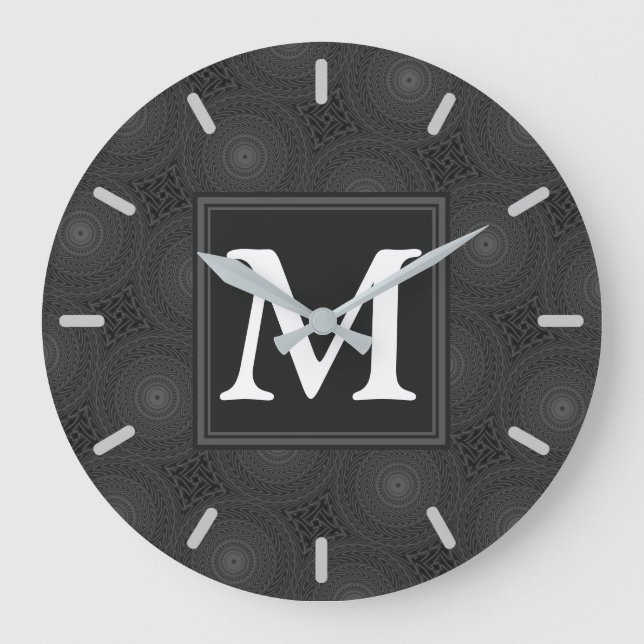 Monogram träkolskretsar mönster stor klocka (Framsida)
