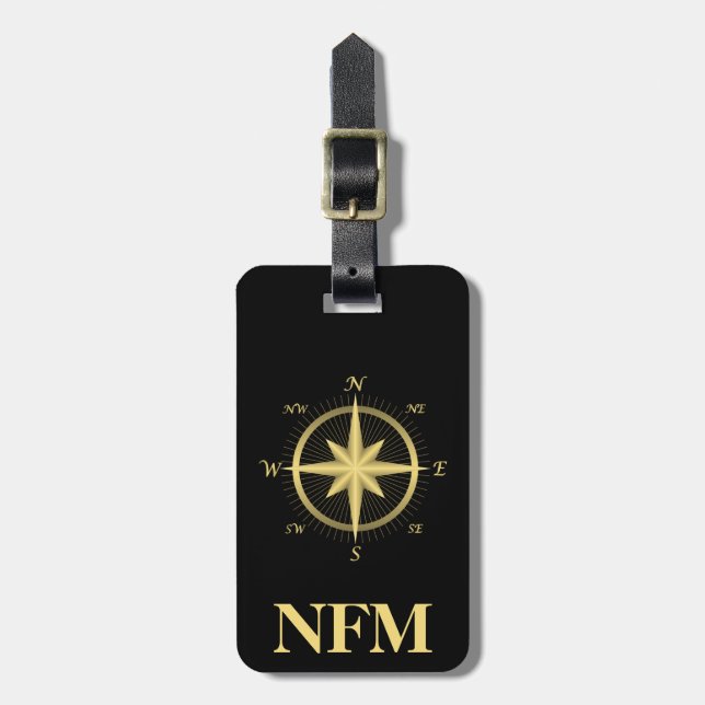 Monogram Travel Falskt Guld Kompass Bagagebricka (Vertikal Framsida)