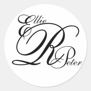 Monogram Tre Brev Black & White-etikett Runt Klistermärke