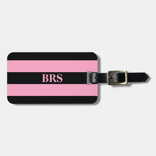 Monogram Tre Svarta Ränder på Nejlikrosa Bagagebricka (Horisontell Framsida)