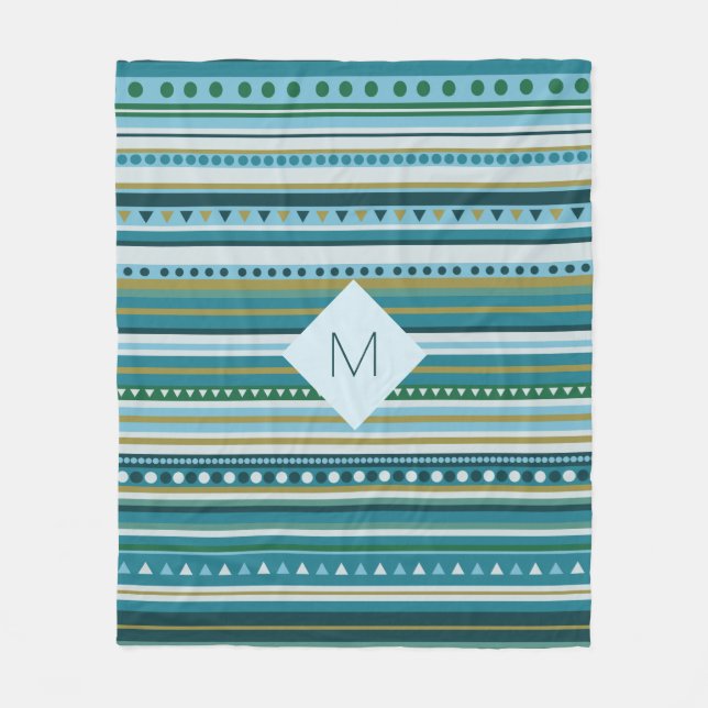 Monogram Tribal Teal Blue Mönster Fleece Blanket (Framsidan)