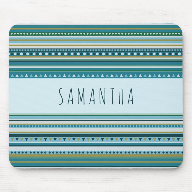 Monogram Tribal Teal Blue Rand Mönster Mousepad Musmatta (Framsidan)