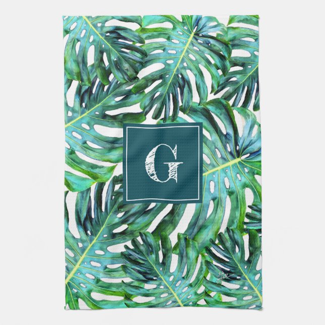 Monogram Tropical Grey Mönster Monstera Löv Kökshandduk (Vertikal)