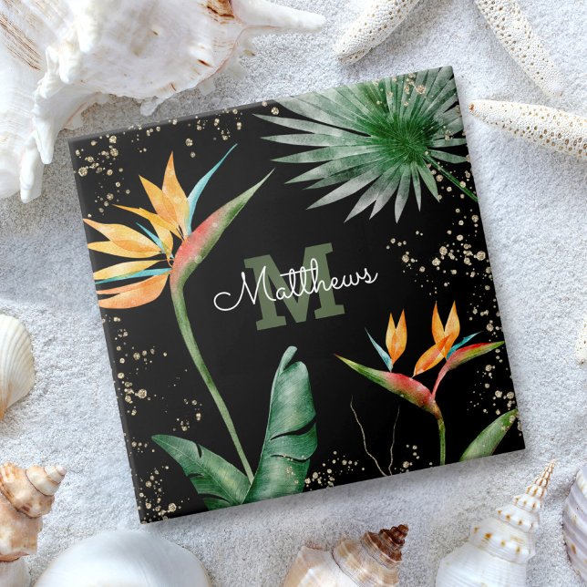 Monogram Tropical Handflatan Foliage Script Guld B Kakelplatta (Skapare uppladdad)