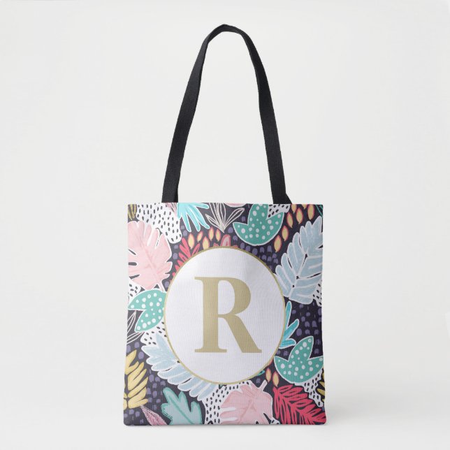 Monogram Tropical Shapes Collage Mönster Tote Bag Tygkasse (Framsida)