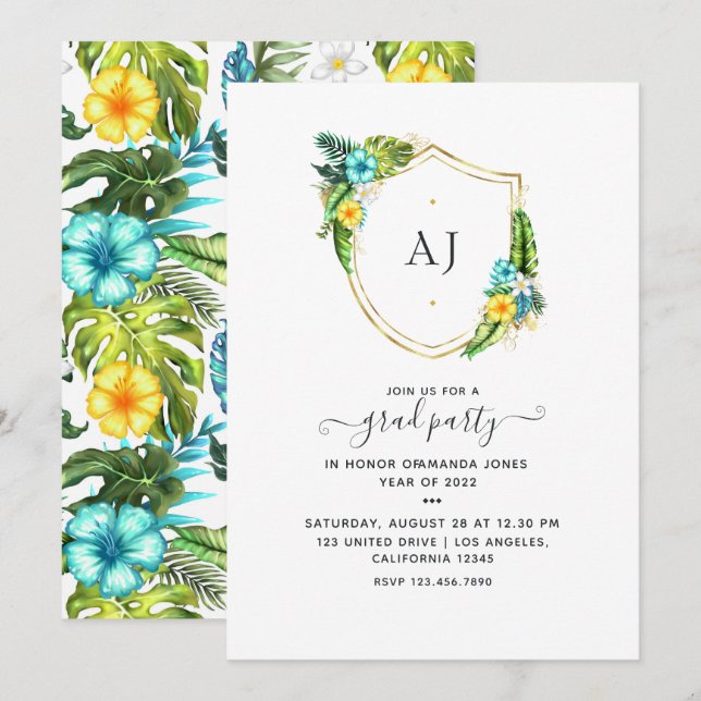 Monogram Tropical Summer Beach Studenten Inbjudningar (Fram/baksida)