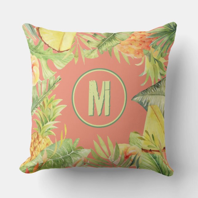 Monogram Tropical Watercolor Flowers Kudde (Framsida)