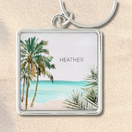 Monogram Tropicala Palmträdsblad Blå Strand Fyrkantig Silverfärgad Nyckelring