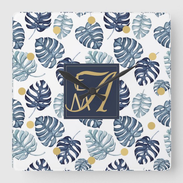Monogram Tropisk Palm Navy Blå Guld Bröllop Fyrkantig Klocka (Framsida)