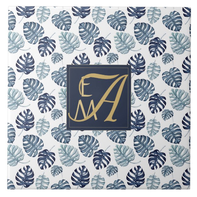 Monogram Tropisk Palm Navy Blå Guld Bröllop Kakelplatta (Framsidan)