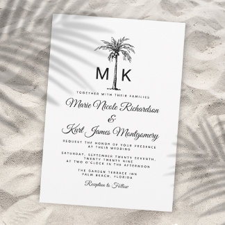 Monogram Tropisk Palmträd Formell Strandbröllop Inbjudningar