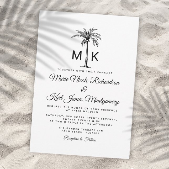 Monogram Tropisk Palmträd Formell Strandbröllop Inbjudningar (Monogram Tropical Palm Tree Formal Beach Wedding Invitation)